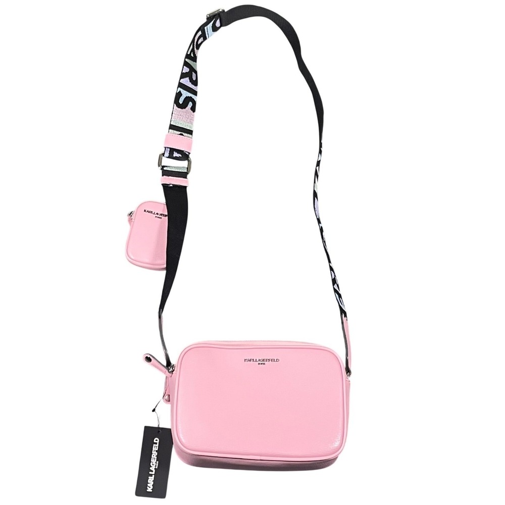 NEW Karl Lagerfeld Maybelle Pink Leather Camera Crossbody Bag Pouch Color Strap - Picture 3 of 17
